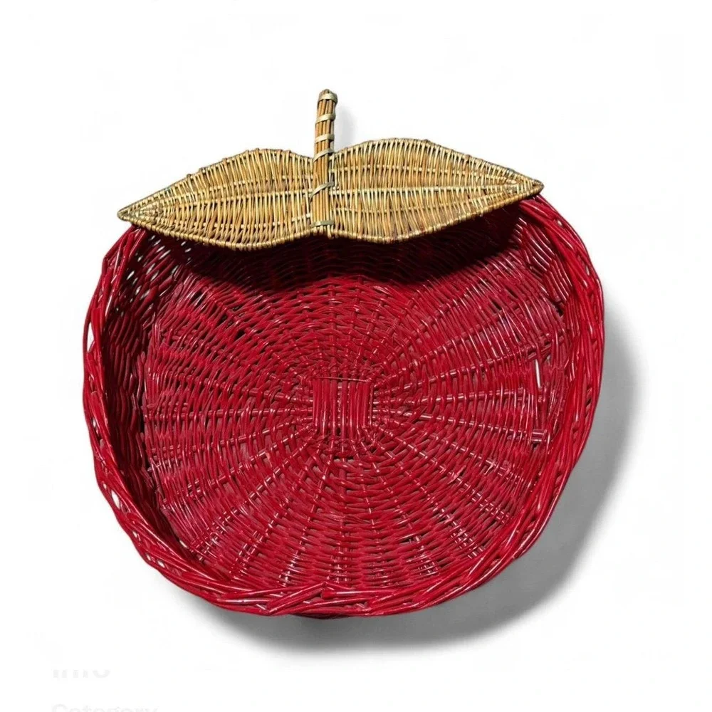 Vintage Red Apple Shaped Wicker Basket Fruit Decor Farmhouse Kitchen 17